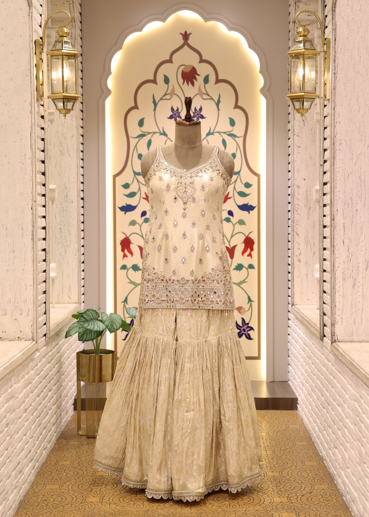Moti Pearl Cream Short Kurti Sharara Set