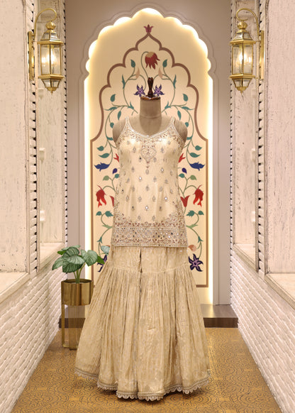 Moti Pearl Cream Short Kurti Sharara Set