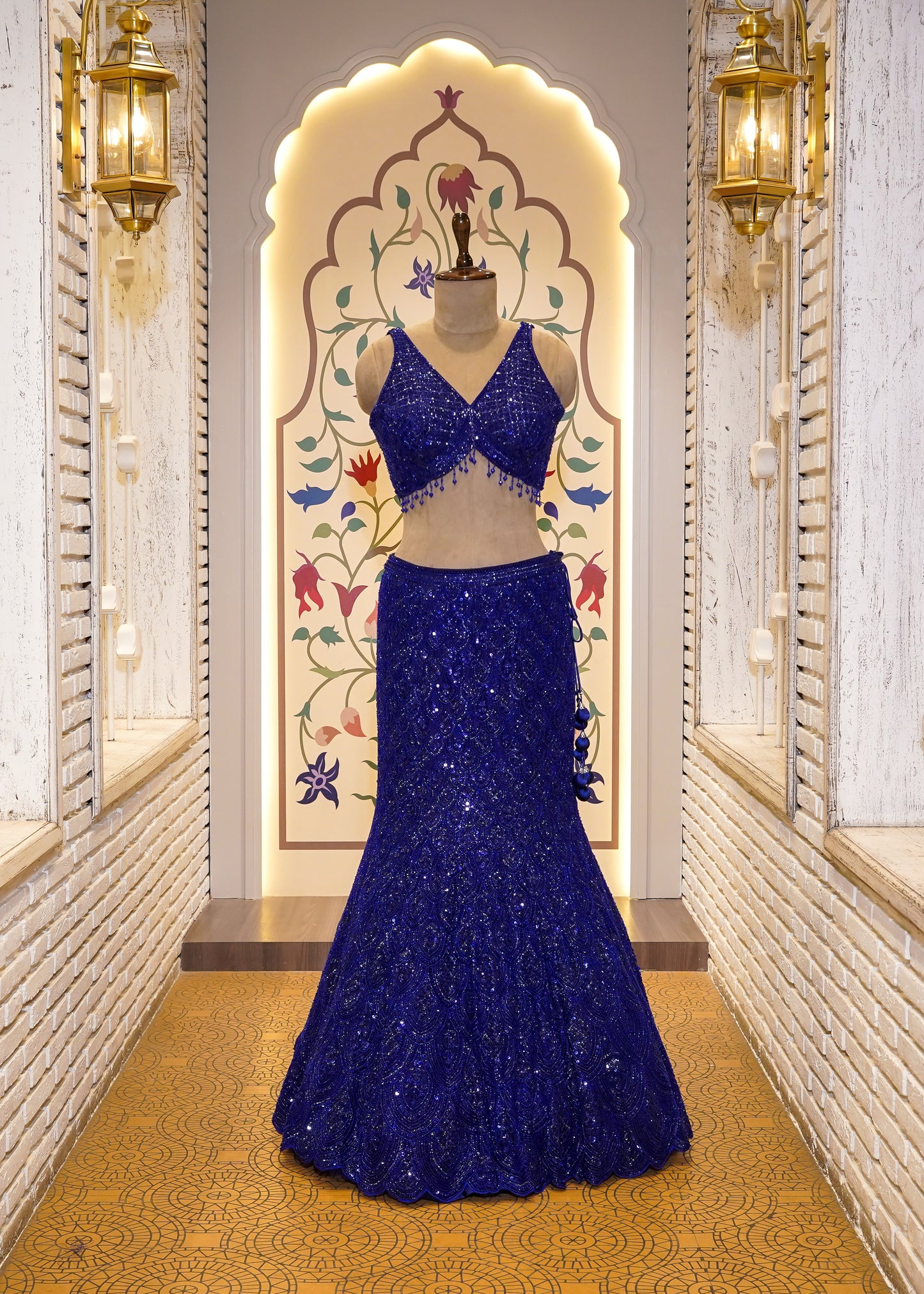Electric Blue Bead Embroidered Crop Top Fish-cut Skirt Set