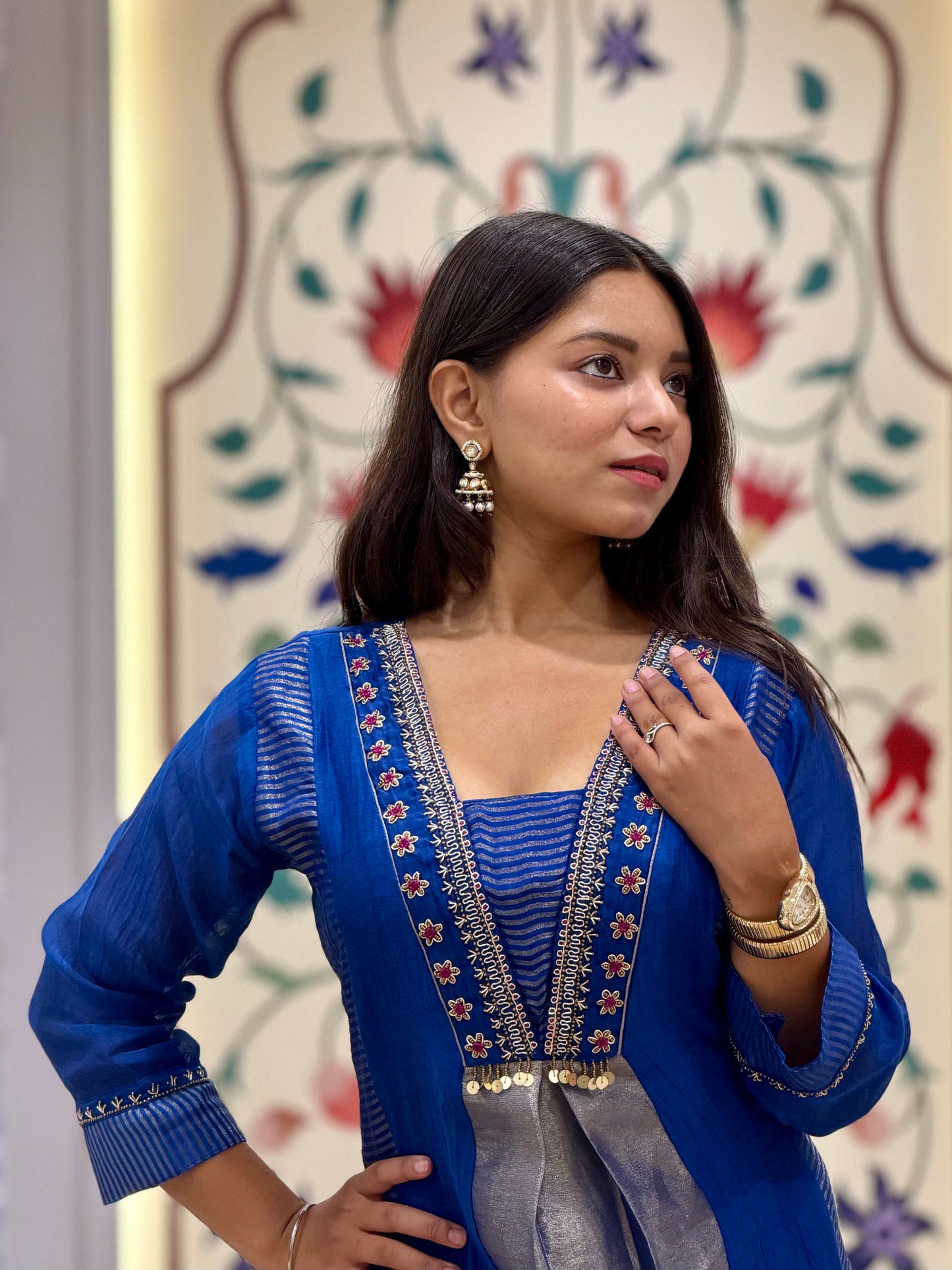 Electric Blue Mul Cotton Tissue Kurti Set