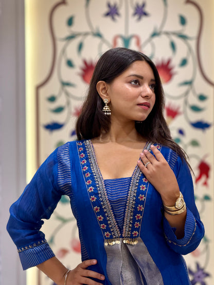 Electric Blue Mul Cotton Tissue Kurti Set