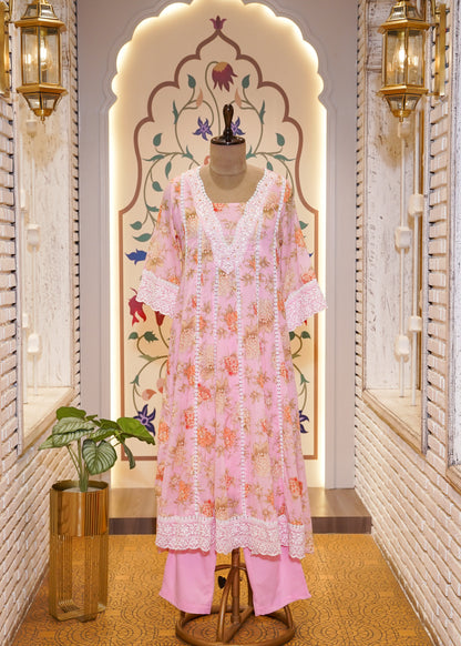 Pink Cotton Printed A Line 3 pc Kurti Set with Thread Embroidery