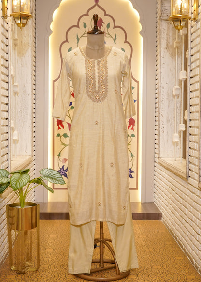 Beige Cotton Thread Embroidered 3 pc Kurti Set