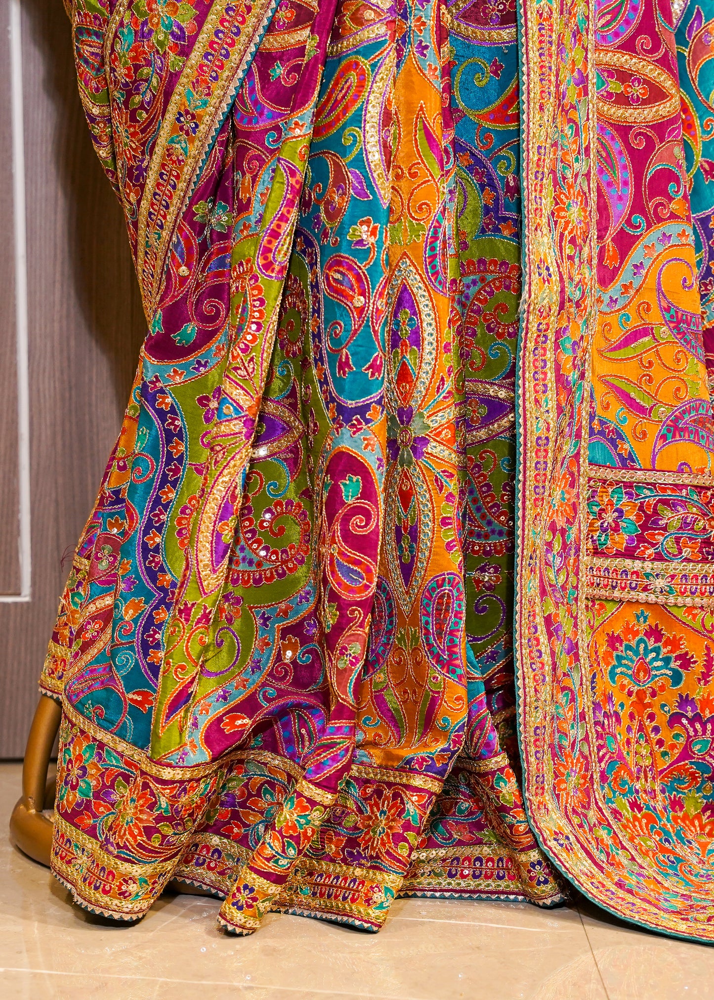 Multi Coloured Printed Zari Embroidered Designer Saree with Stitched Blouse