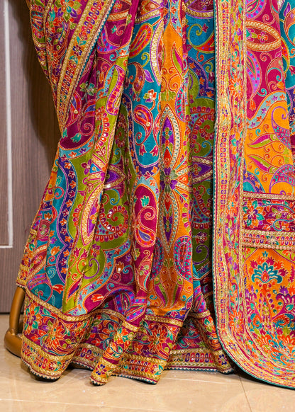 Multi Coloured Printed Zari Embroidered Designer Saree with Stitched Blouse