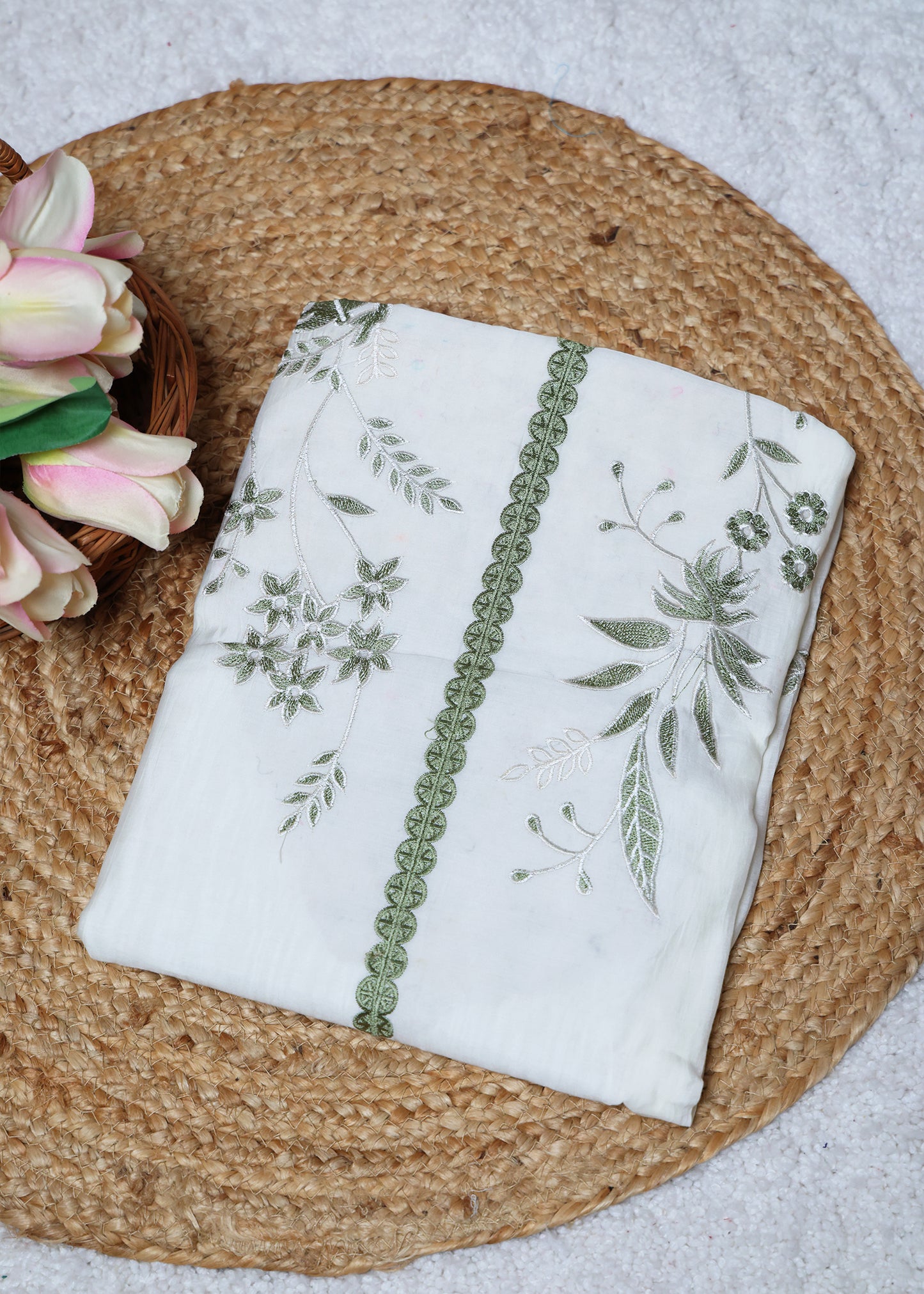 Pearl White & Green Floral Unstitched Suit Set