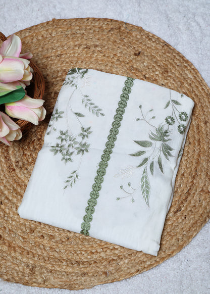 Pearl White & Green Floral Unstitched Suit Set
