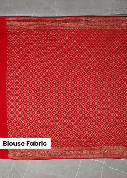 Deeya Plain Red Banarasi Pure Crepe Saree with Unstitched Blous