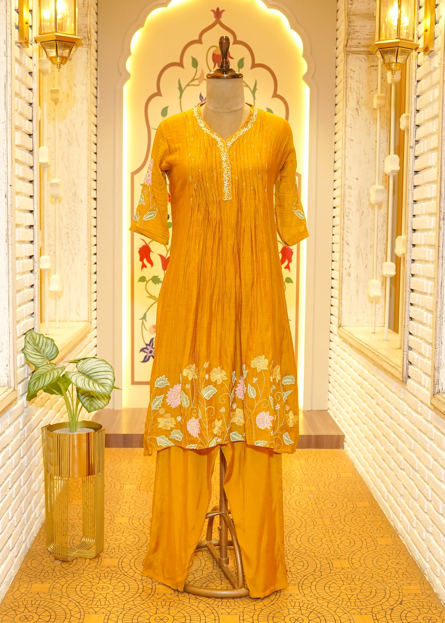 Swaati Mustard 3D flowers Stitched Suit Set