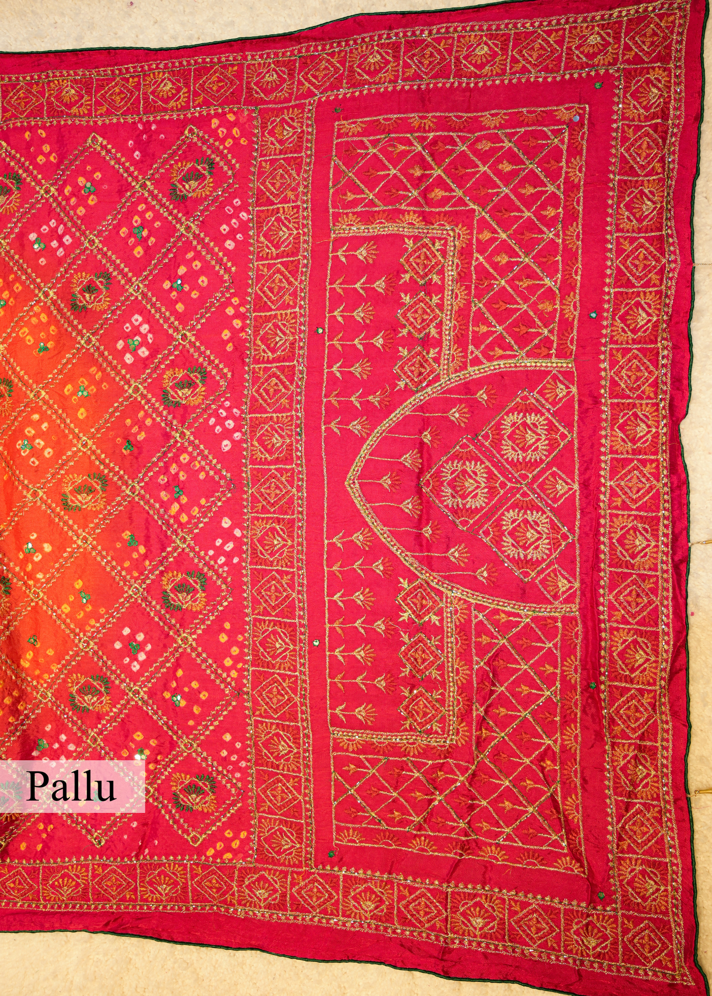 Pink & Orange Bhandhani Gajji Contrasting Saree with Unstitched Blouse