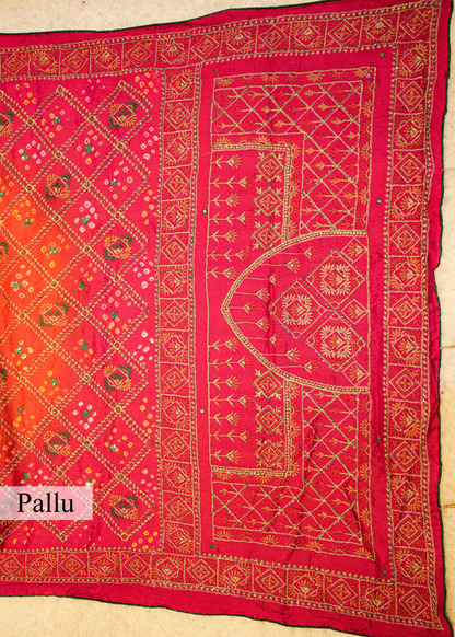 Pink & Orange Bhandhani Gajji Contrasting Saree with Unstitched Blouse