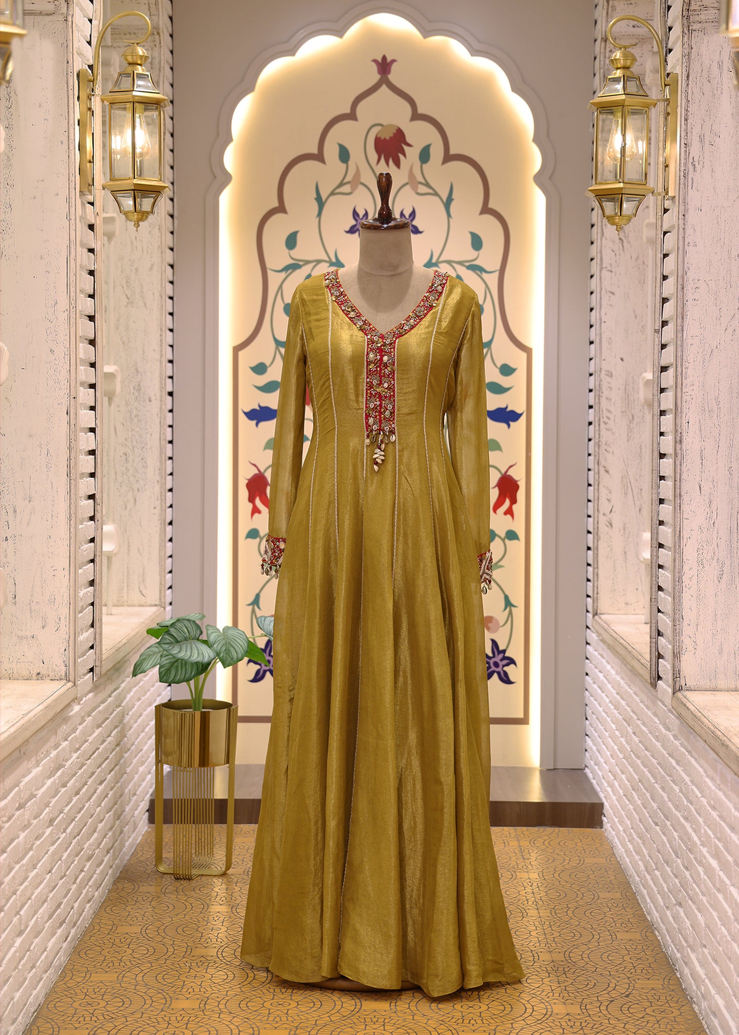 Green & Red Anarkali Suit Set with Dupatta