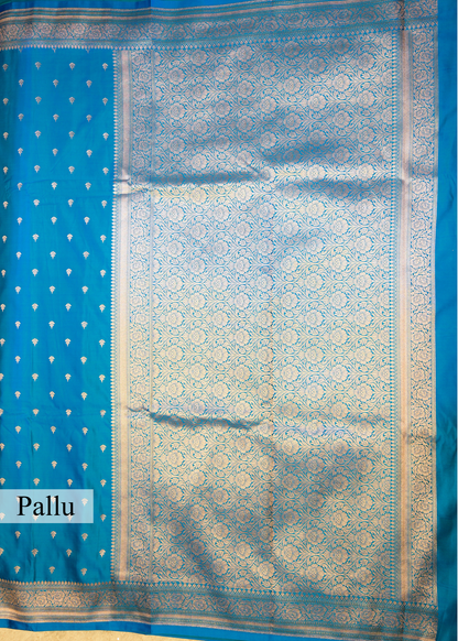 Blue Banarasi Kattan Silk Booti Zari Border with Unstitched Blouse