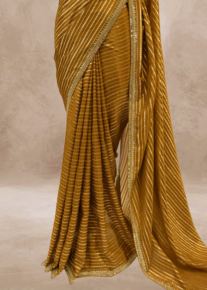 Mehendi Green Striped Zari Organza Sarees with Stitched Blouse