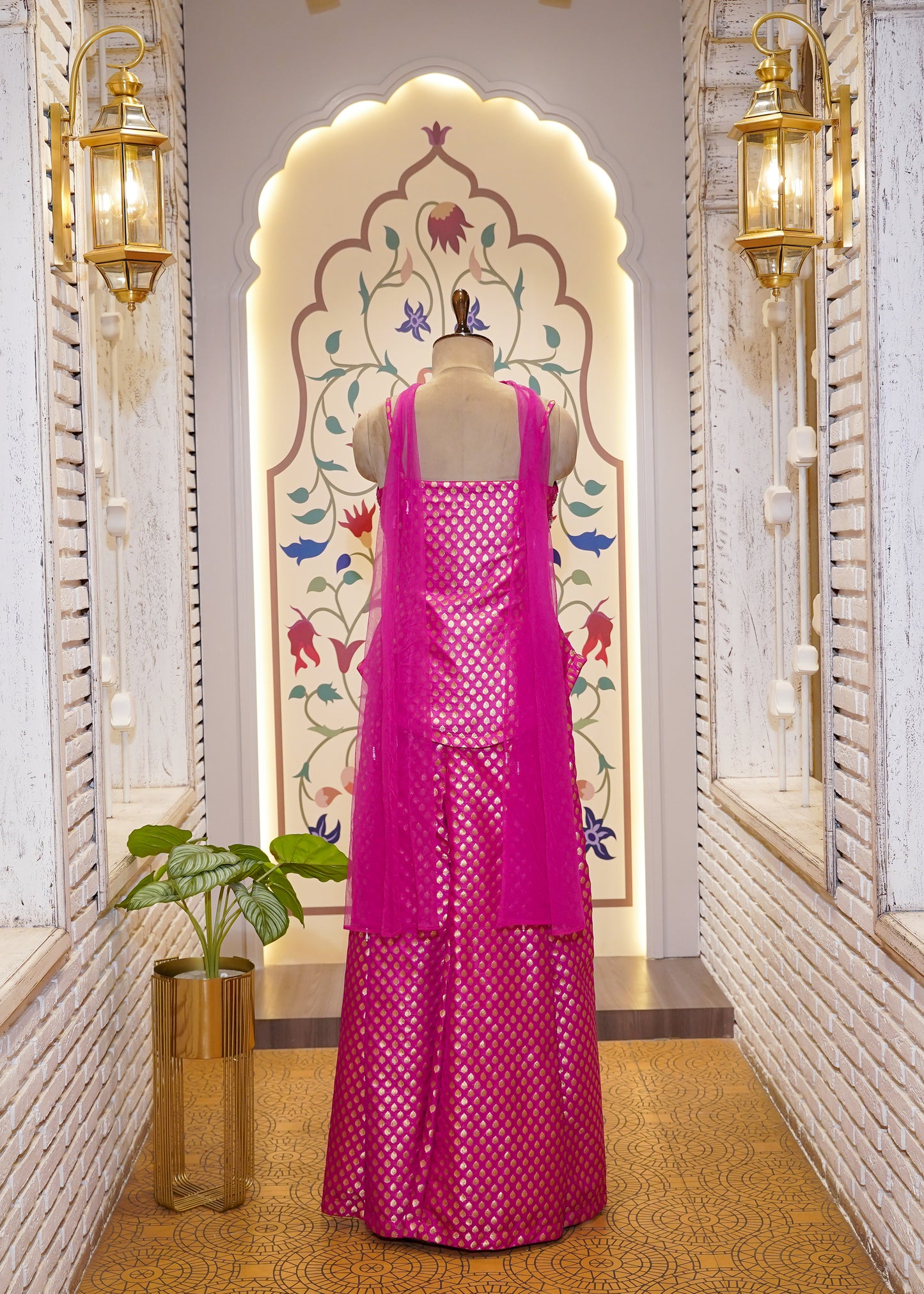 Hot pink Brocade Silk Hand Embroidered Peplum & Plazo Set with Choker Dupatta