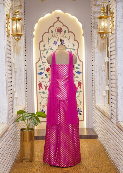 Hot pink Brocade Silk Hand Embroidered Peplum & Plazo Set with Choker Dupatta