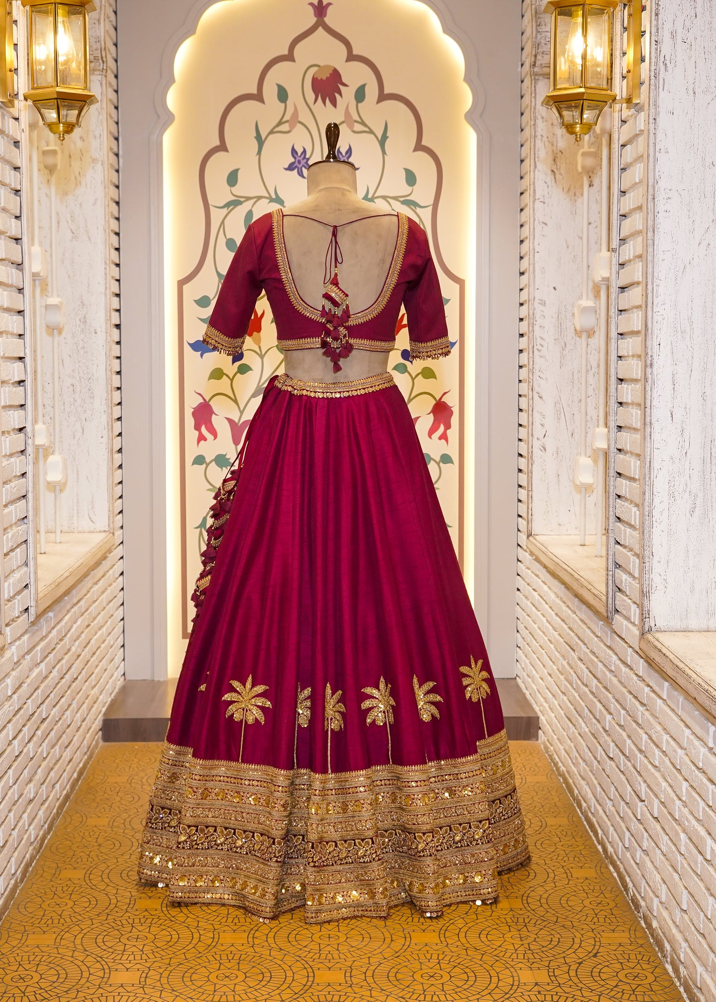 Mehroon Handcrafted Bridal Lehenga with Palm Tree Motifs & Single Dupatta