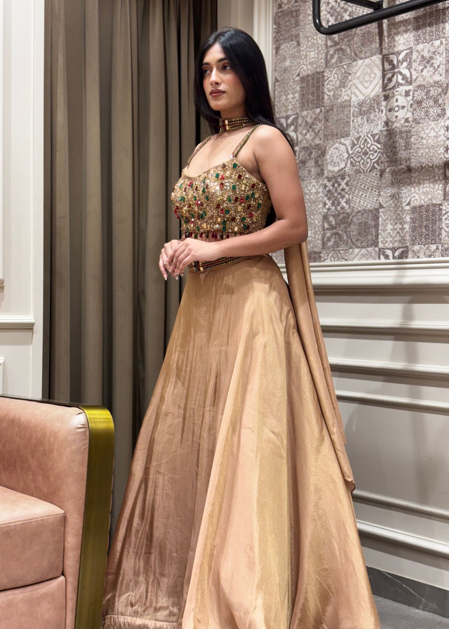 Tissue Golden Gemstone Crop Top Lehenga with Dupatta