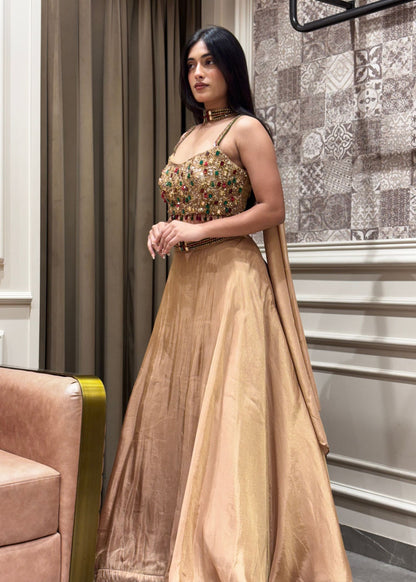 Tissue Golden Gemstone Crop Top Lehenga with Dupatta