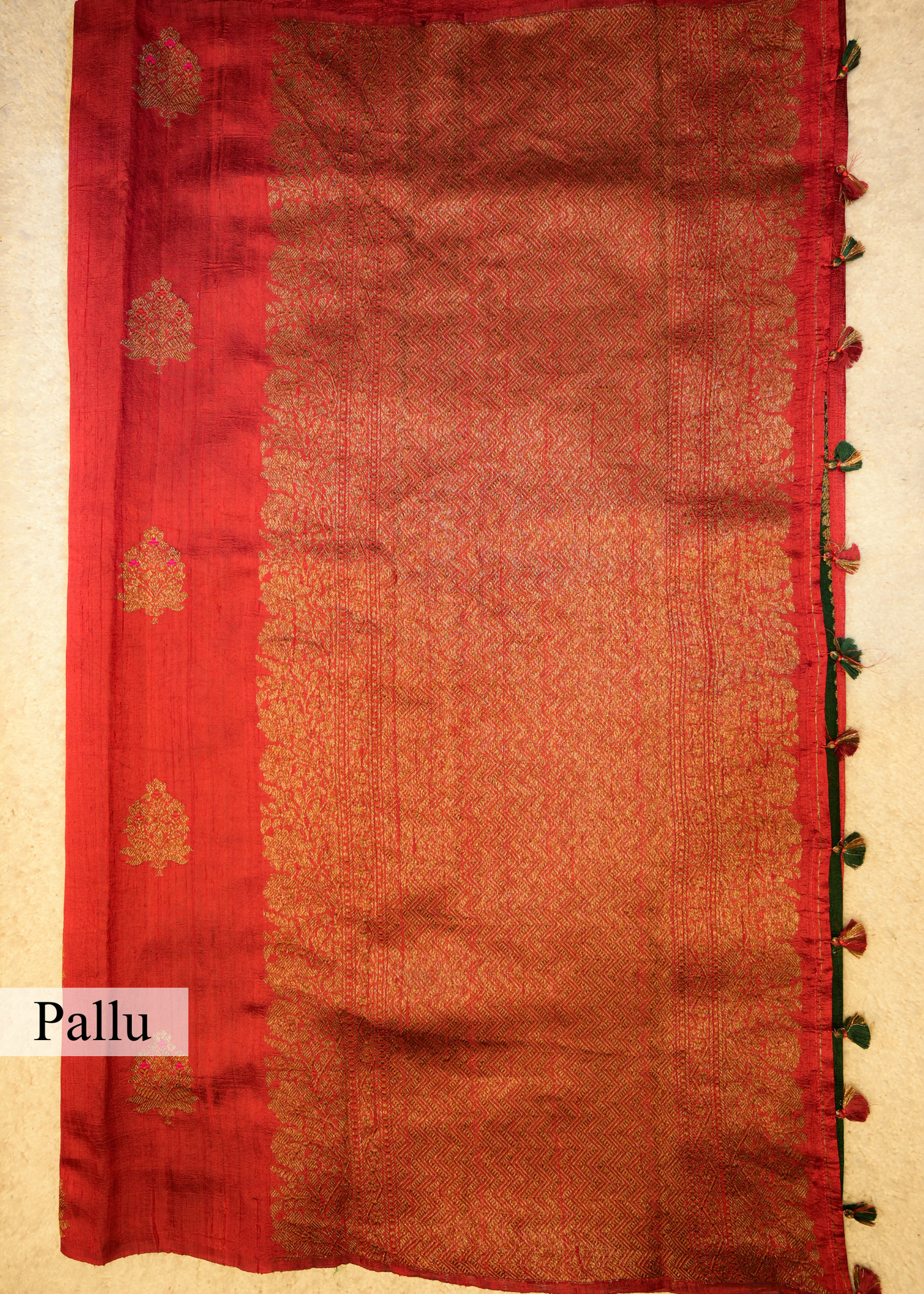 Ruby Red Raw Silk Neem Zari Boota Saree with Unstitched Blouse