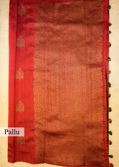 Ruby Red Raw Silk Neem Zari Boota Saree with Unstitched Blouse