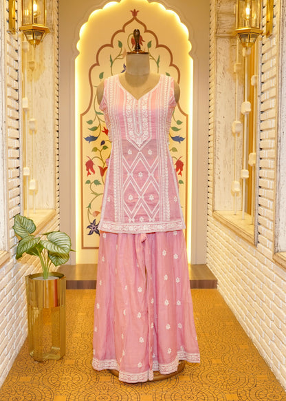 Nyra Baby Pink Slit Palazzo Pants Stitched Suit Set