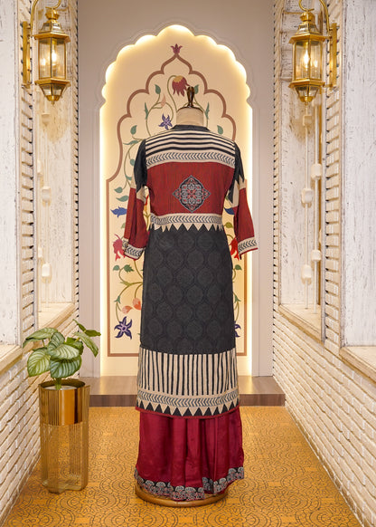 Red & Black Muslin Ajrak Printed 3-Piece Kurti Set