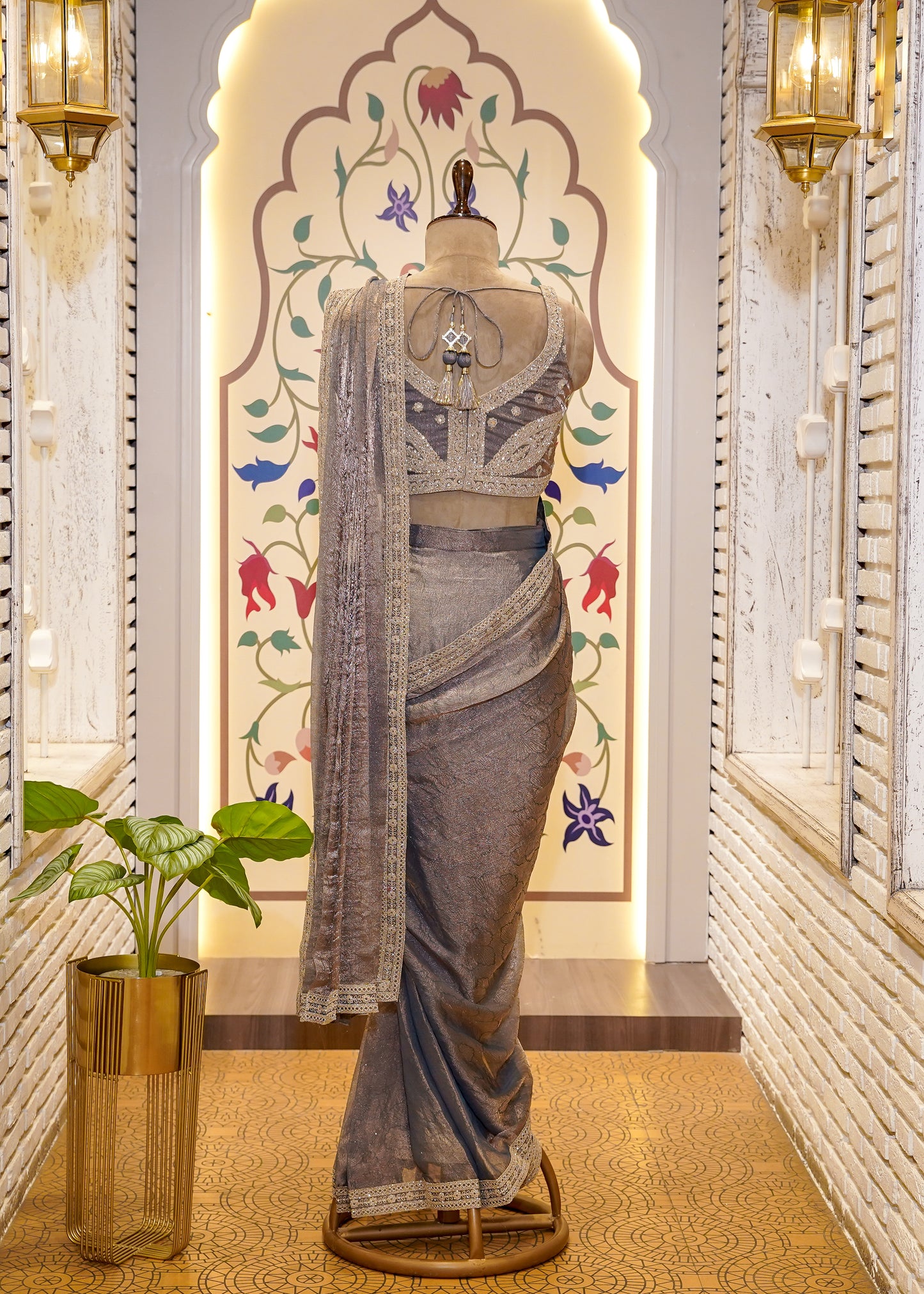 Dusty Grey Crush Tissue Drape Saree with Embroidered Blouse