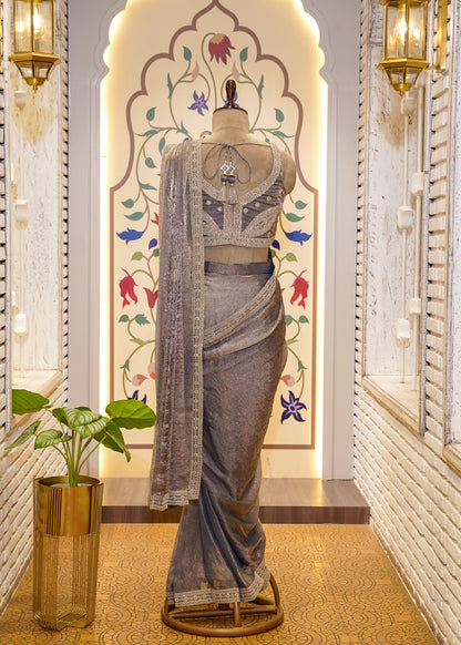 Dusty Grey Crush Tissue Drape Saree with Embroidered Blouse