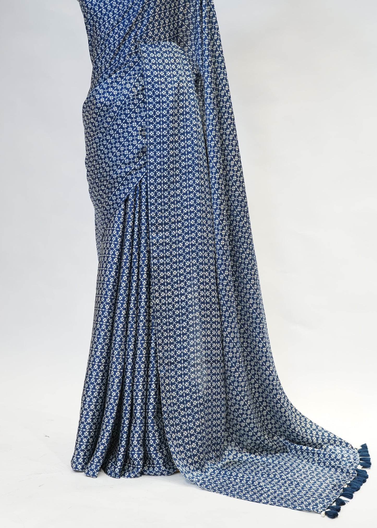 Blue Printed Modal Crepe Saree with Unstitched Blouse