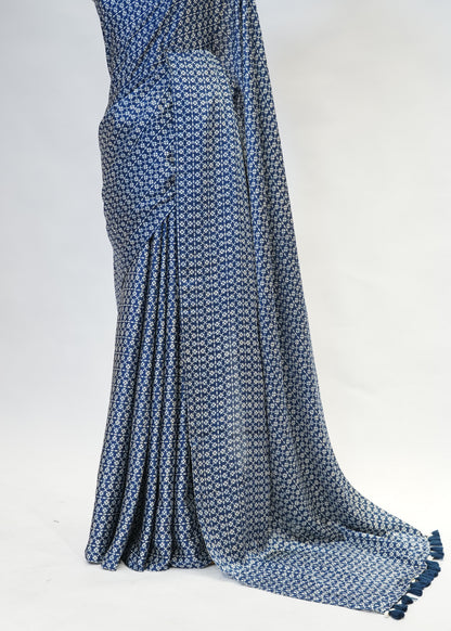Blue Printed Modal Crepe Saree with Unstitched Blouse