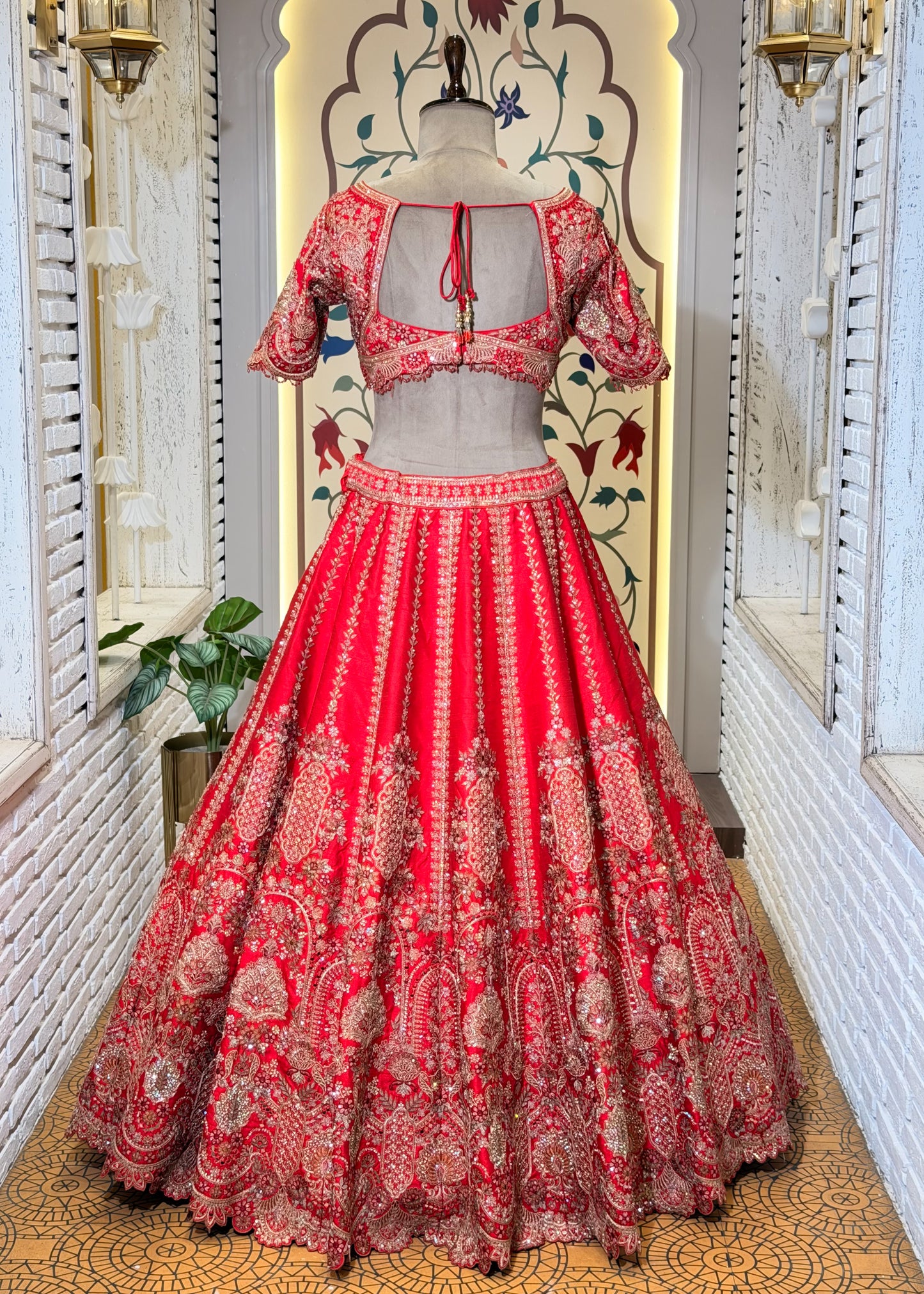 Red Bead Embroidered Mehrab Style Bridal Lehenga with Stitched Blouse & 2 Dupattas