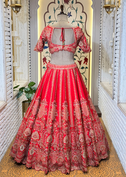 Red Bead Embroidered Mehrab Style Bridal Lehenga with Stitched Blouse & 2 Dupattas
