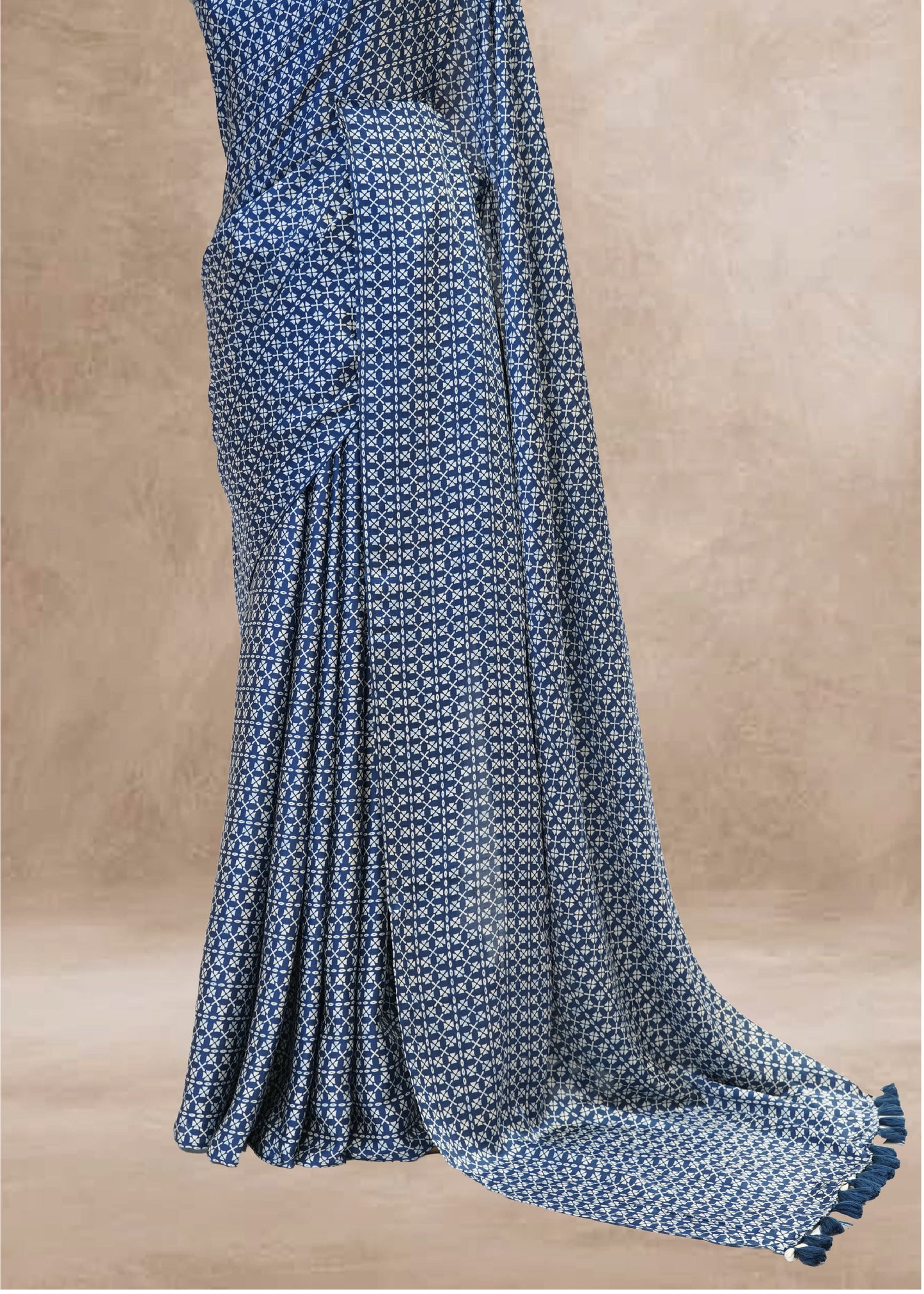 Blue Printed Modal Crepe Saree with Unstitched Blouse