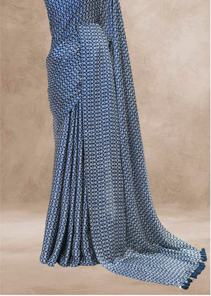 Blue Printed Modal Crepe Saree with Unstitched Blouse