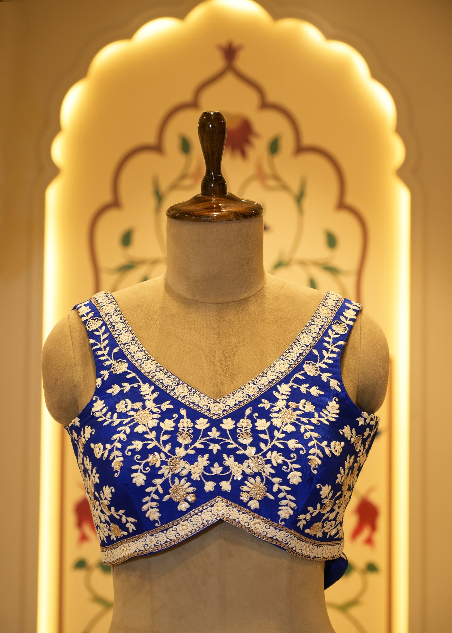 Electric Blue Chinon Thread Embroidered Saree with Stitched Blouse