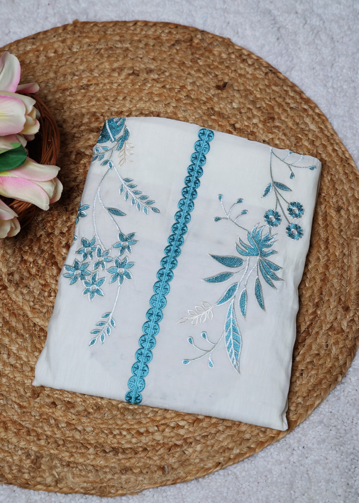 Pearl White & Blue Floral Unstitched Suit Set