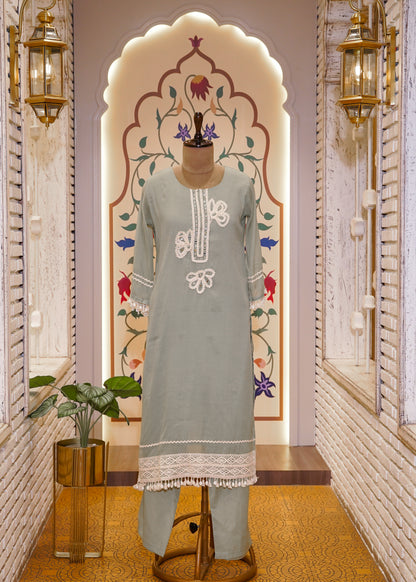 Pista Green Mul Cotton Thread Embroidered 3 pc Kurti Set
