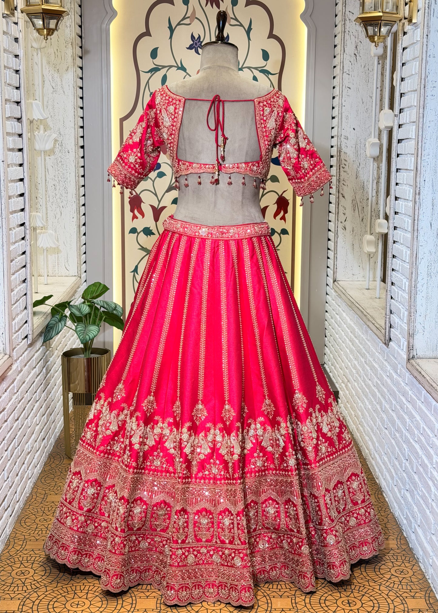 Rani Bead Embroidered Kali Peacock Style Bridal Lehenga with Stitched Blouse & 2 Dupattas