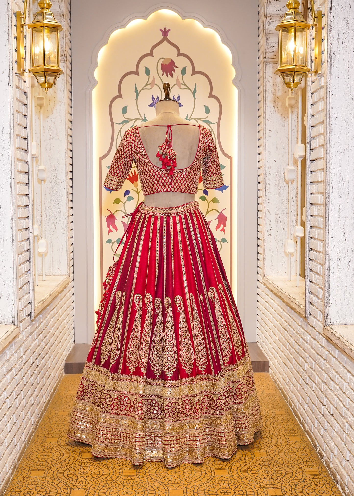 Royal Dual Tone Red & Deep Red Handcrafted Bridal Lehenga with Paisely Motifs & 2 Dupattas