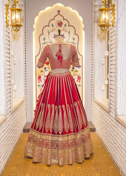 Royal Dual Tone Red & Deep Red Handcrafted Bridal Lehenga with Paisely Motifs & 2 Dupattas