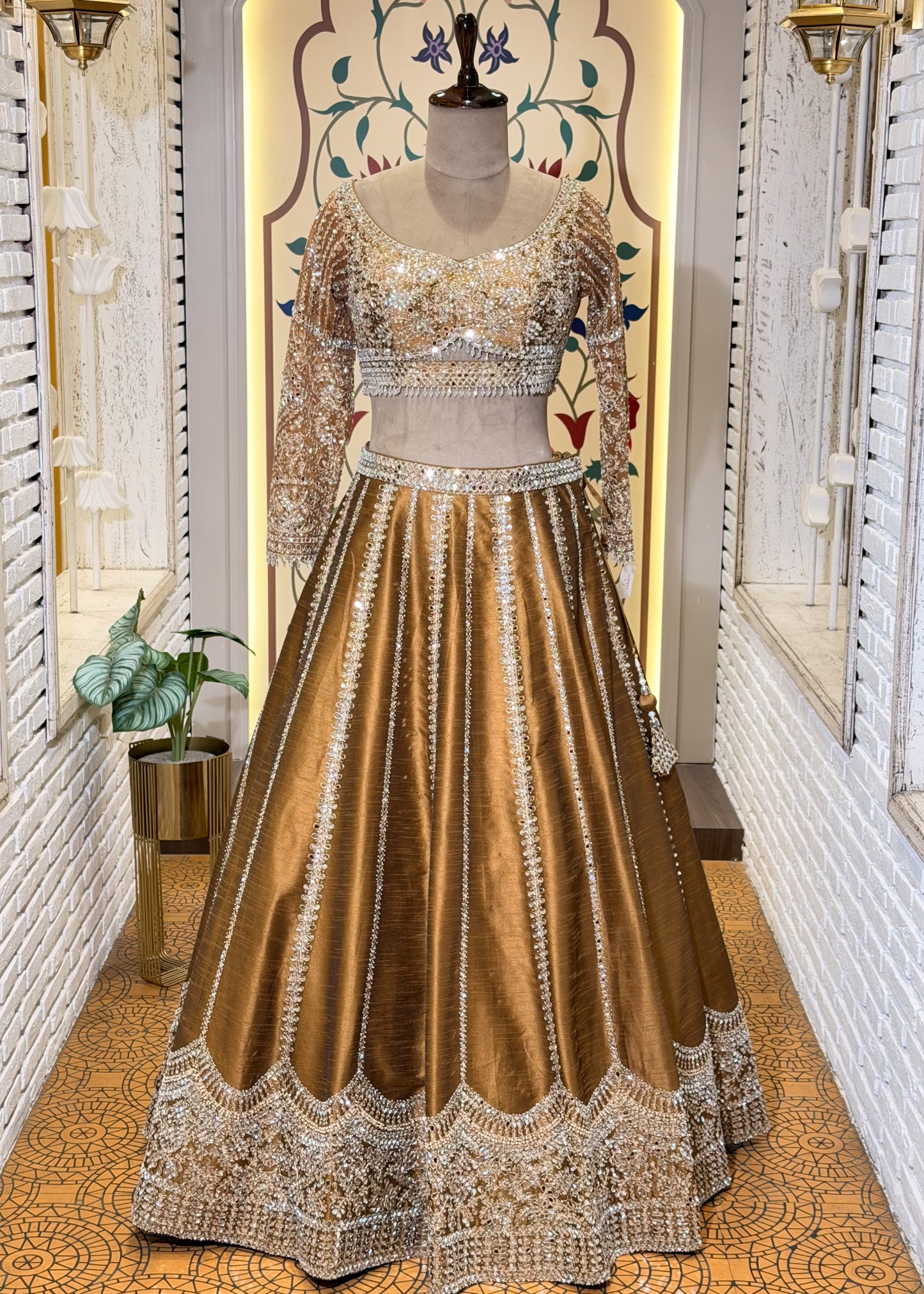 Mustard Mirror Embroidered Designer Lehenga with Full Sleeves Blouse