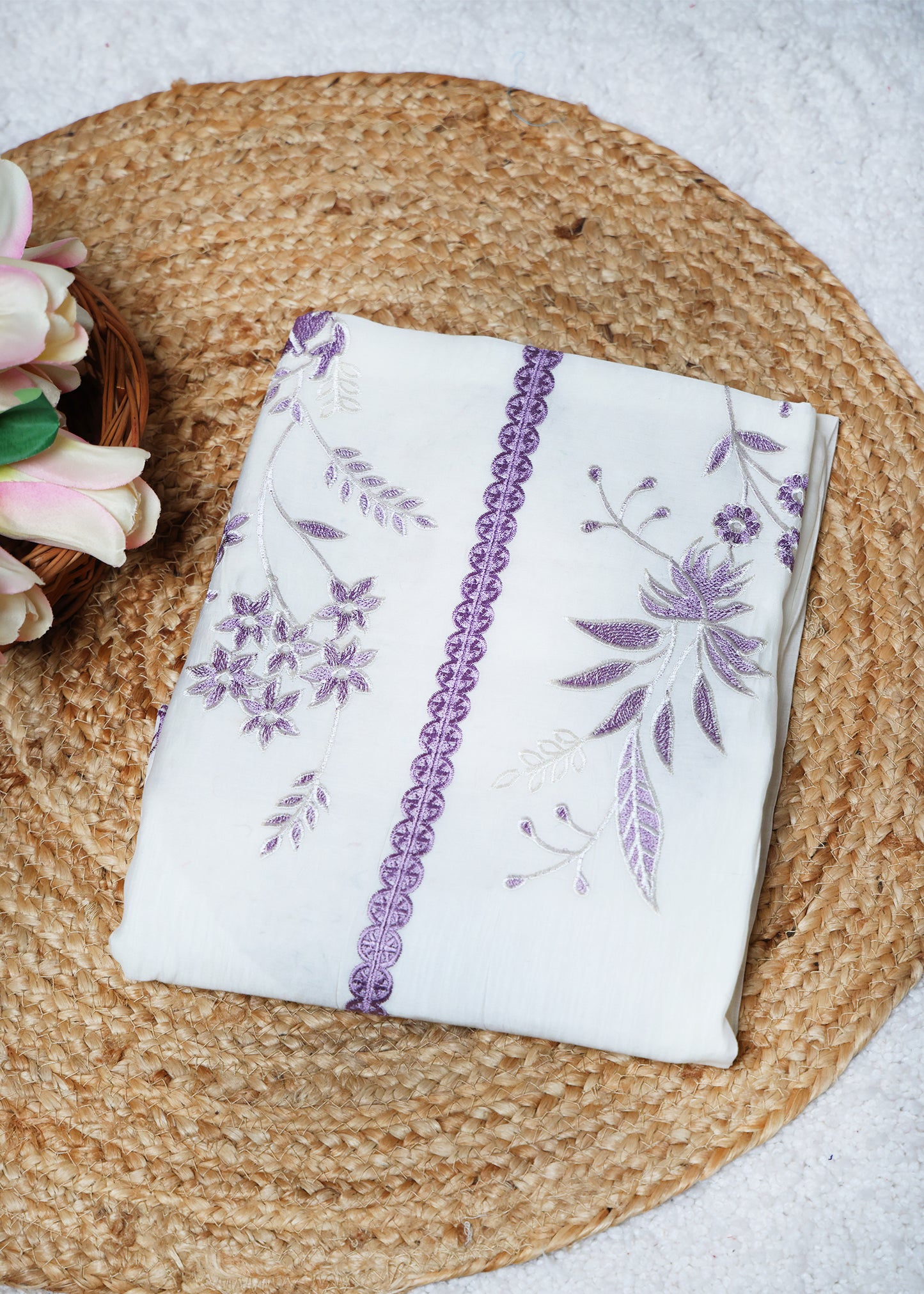 Pearl White & Purple Floral Unstitched Suit Set