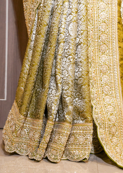 Mehendi Green Silk Bead Embroidered Border Saree with Unstitched Blouse