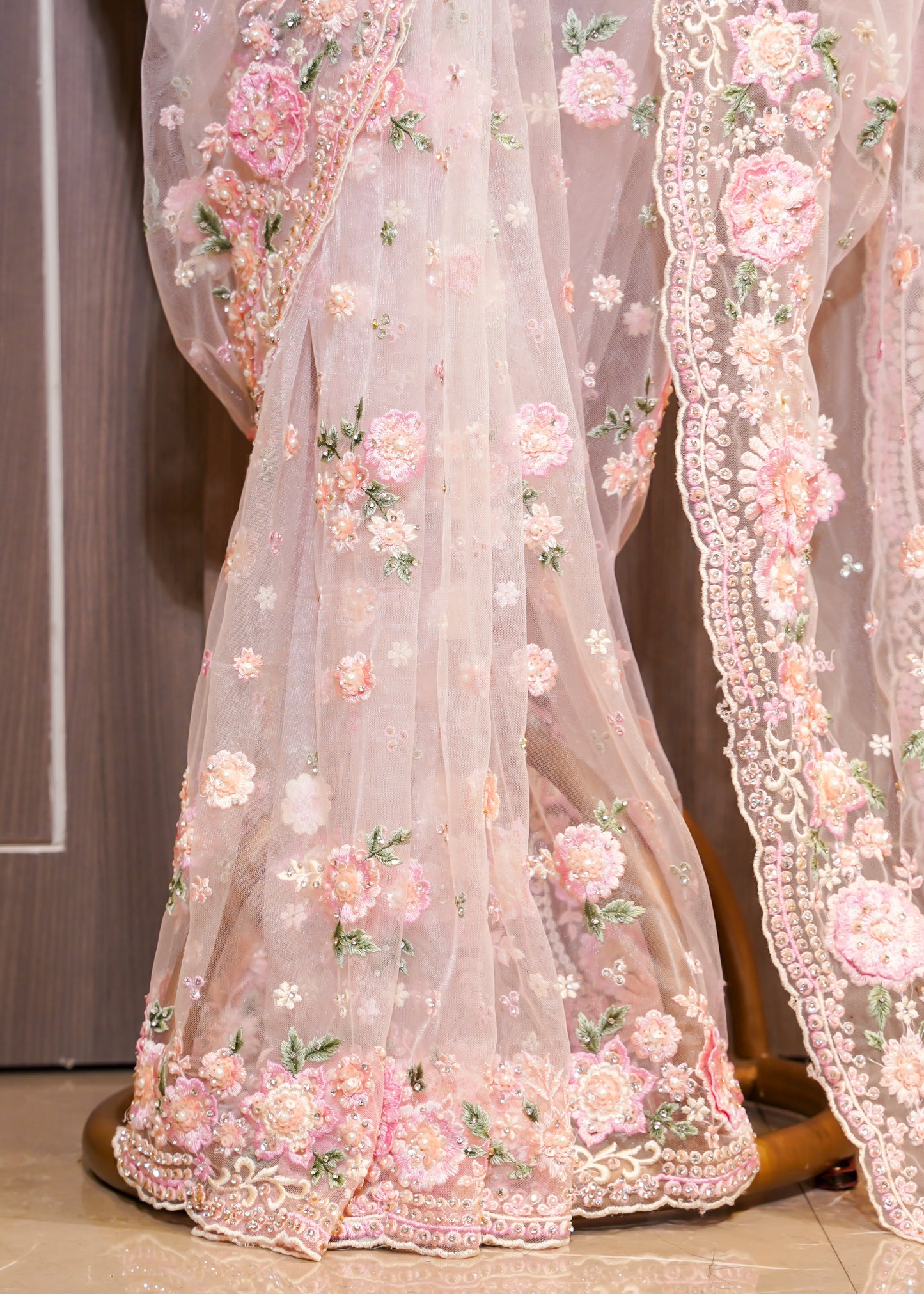 Pink Floral Embroidered Net Saree with Stitched Blouse