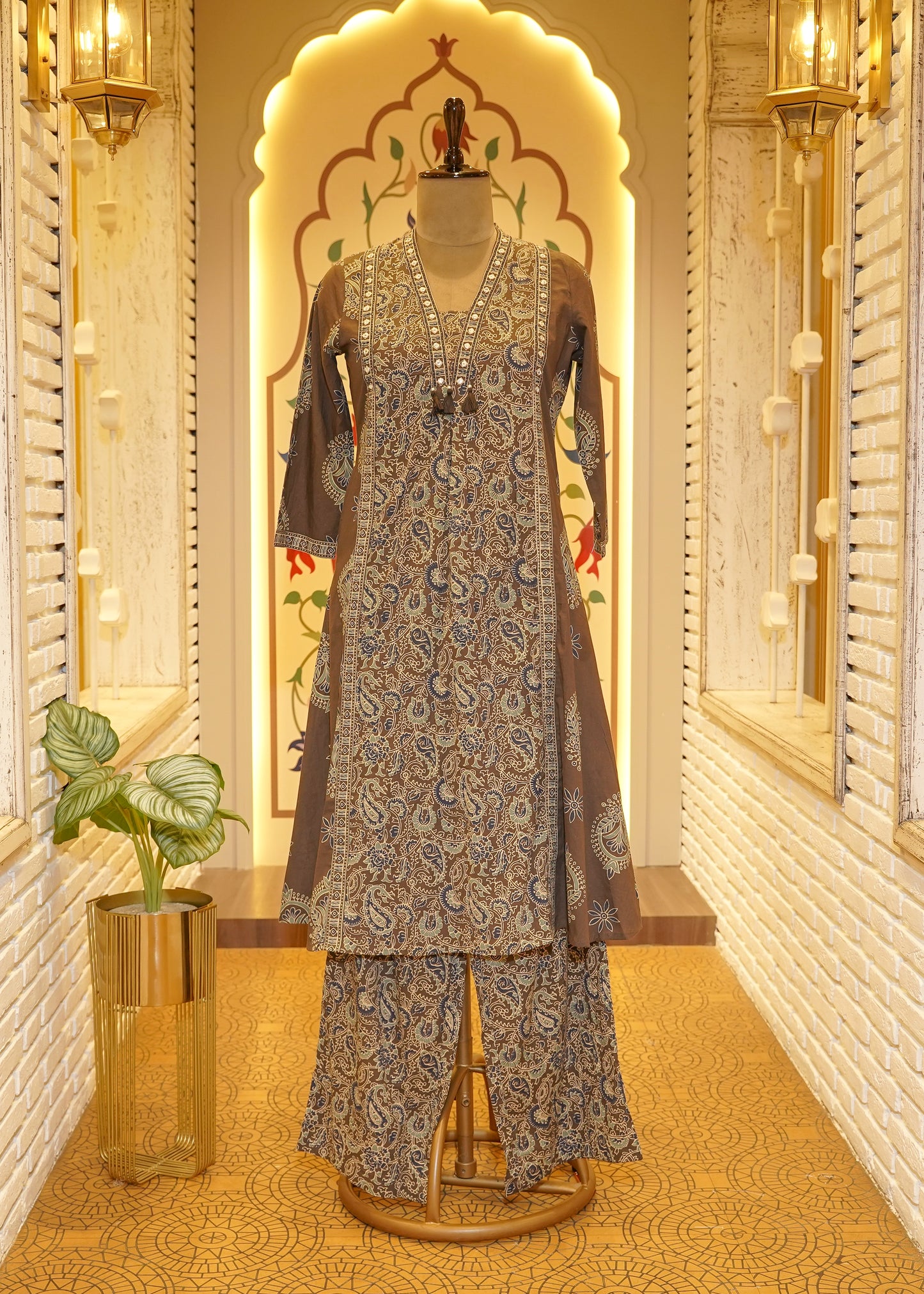 Saanjh Mirror Neckline Brown Stitched Suit Set