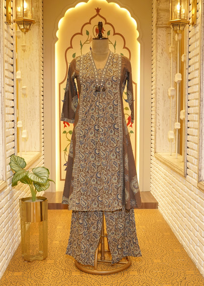 Saanjh Mirror Neckline Brown Stitched Suit Set