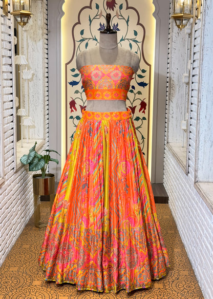 Neon Orange Hand Embellished Silk Lehenga with Unstitched Blouse