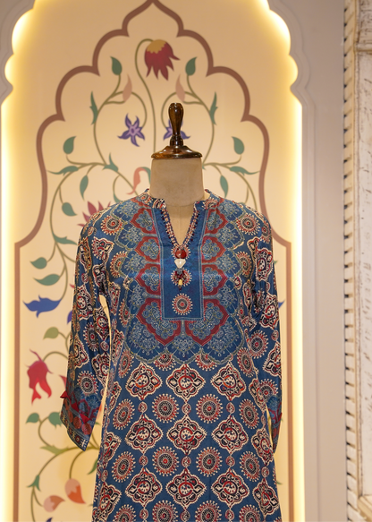 Blue & Red Ajrak Printed Muslin 3-Piece Kurti Set
