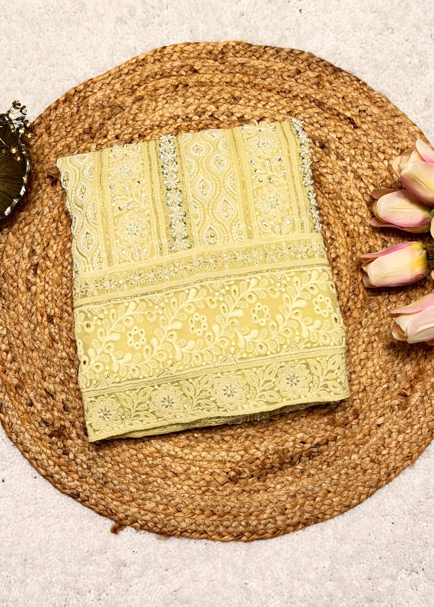 Heer Butter Yellow Chikankari with Moti Embroidered Suit Set